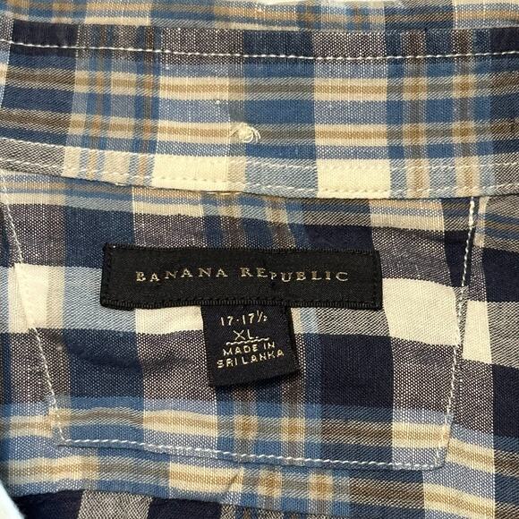 Banana Republic Classic Button Down Shirt XL Blue Plaid Linen Cotton Long Sleeve - Picture 3 of 9